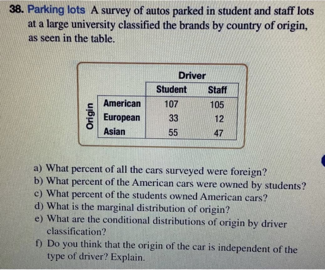 38. Parking lots A survey of autos parked in student and staff lots
at a large university classified the brands by country of origin,
as seen in the table.
Origin
American
European
Asian
Driver
Student
107
33
55
Staff
105
12
47
a) What percent of all the cars surveyed were foreign?
b) What percent of the American cars were owned by students?
c) What percent of the students owned American cars?
d) What is the marginal distribution of origin?
e) What are the conditional distributions of origin by driver
classification?
f) Do you think that the origin of the car is independent of the
type of driver? Explain.