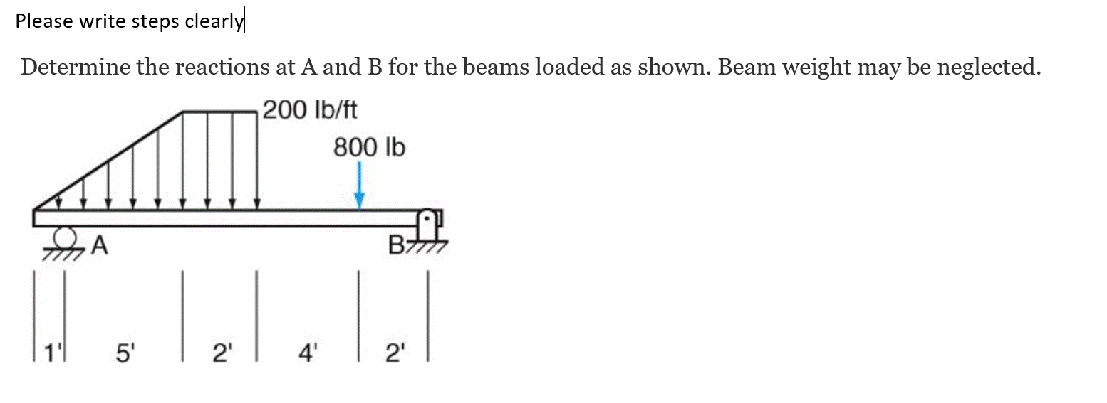 Please write steps clearly
Determine the reactions at A and B for the beams loaded as shown. Beam weight may be neglected.
200 lb/ft
800 lb
B
1'l
5'
2'
4'
2'
