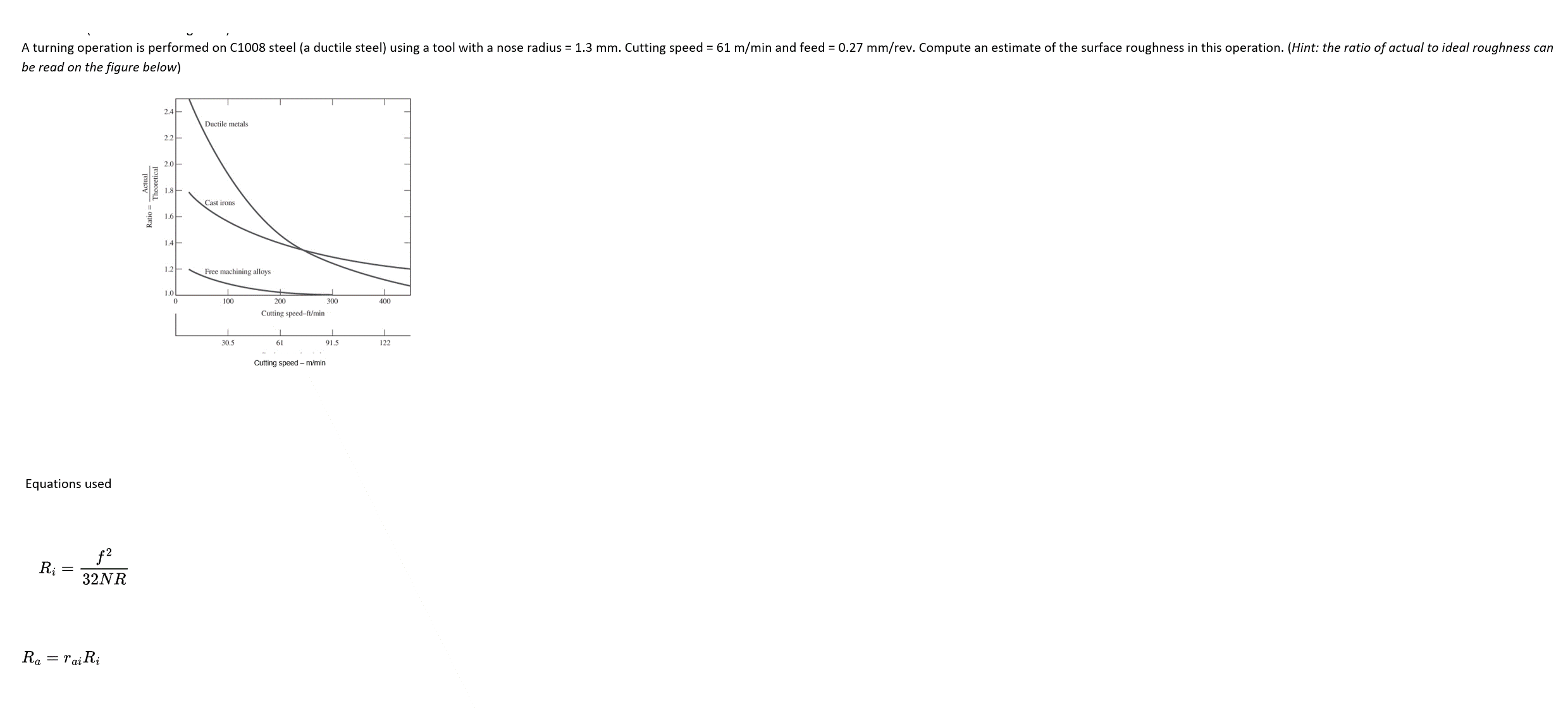 A turning operation is performed on C1008 steel (a ductile steel) using a tool with a nose radius = 1.3 mm. Cutting speed = 61 m/min and feed = 0.27 mm/rev. Compute an estimate of the surface roughness in this operation. (Hint: the ratio of actual to ideal roughness can
be read on the figure below)
Equations used
R₁ =
f²
32NR
Ra = rai Ri
Actual
Theoretical
Ratio=
2.4
2.2
2.0
1.8
1.4
1.2
1.0
0
Ductile metals
Cast irons
Free machining alloys
100
I
30.5
200
Cutting speed-ft/min
I
61
300
91.5
Cutting speed - m/min
T
400
I
122