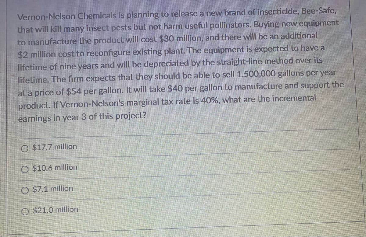 Vernon-Nelson Chemicals is planning to release a new brand of insecticide, Bee-Safe,
that will kill many insect pests but not harm useful pollinators. Buying new equipment
to manufacture the product will cost $30 million, and there will be an additional
$2 million cost to reconfigure existing plant. The equipment is expected to have a
lifetime of nine years and will be depreciated by the straight-line method over its
lifetime. The firm expects that they should be able to sell 1,500,000 gallons per year
at a price of $54 per gallon. It will take $40 per gallon to manufacture and support the
product. If Vernon-Nelson's marginal tax rate is 40%, what are the incremental
earnings in year 3 of this project?
O $17.7 million
$10.6 million
O$7.1 million
O $21.0 million