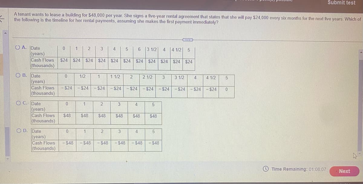 A tenant wants to lease a building for $48,000 per year. She signs a five-year rental agreement that states that she will pay $24,000 every six months for the next five years. Which of
the following is the timeline for her rental payments, assuming she makes the first payment immediately?
OA. Date
(years)
OB. Date
OC. Date
0
(years)
Cash Flows - $24
(thousands)
(years)
Cash Flows
(thousands)
Cash Flows $24 $24 $24 $24 $24
(thousands)
OD. Date
(years)
Cash Flows
(thousands)
0
0
1
0
- $48
1/2
2
1
$48 $48
1
3
1
$24 $24 - $24
-
- $48
2
$48
4 5
2
-$48
1 1/2
3
$48
3
- $48
2
- $24
$24 $24 $24 $24 $24 $24
4
6 3 1/2
$48
4
2 1/2
- $24
- $48
5
$48
5
4 4 1/2
- $48
3
- $24
CHCEEI
5
3 1/2
4
4 1/2
- $24 - $24 - $24
5
0
Submit test
Time Remaining: 01:08:07
Next
4