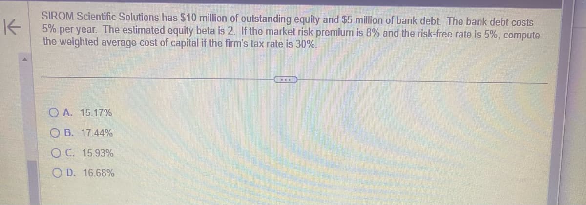 K
SIROM Scientific Solutions has $10 million of outstanding equity and $5 million of bank debt. The bank debt costs
5% per year. The estimated equity beta is 2. If the market risk premium is 8% and the risk-free rate is 5%, compute
the weighted average cost of capital if the firm's tax rate is 30%.
OA. 15.17%
OB. 17.44%
O C. 15.93%
OD. 16.68%
...