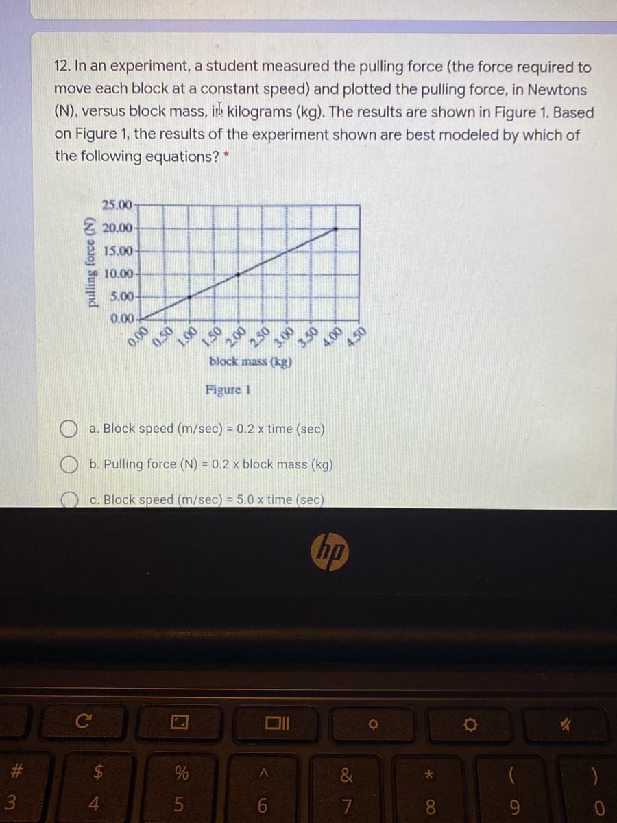 12. In an experiment, a student measured the pulling force (the force required to
move each block at a constant speed) and plotted the pulling force, in Newtons
(N), versus block mass, i kilograms (kg). The results are shown in Figure 1. Based
on Figure 1, the results of the experiment shown are best modeled by which of
the following equations? *
25.00-
Z 20.00-
15.00
10.00
5.00
0.00
0.00
block mass (kg)
Figure 1
a. Block speed (m/sec) = 0.2 x time (sec)
b. Pulling force (N) = 0.2 x block mass (kg)
C. Block speed (m/sec) = 5.0 x time (sec)
hp
#3
&
大
7
pulling force (N)
0.50
1.50
000
00
3.50
00
00
