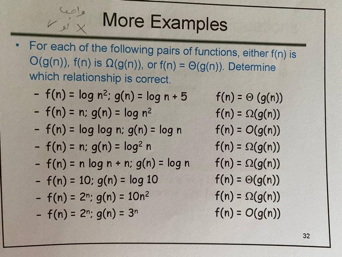 More Examples
For each of the following pairs of functions, either f(n) is
O(g(n)), f(n) is (g(n)), or f(n) = 0(g(n)). Determine
which relationship is correct.
%3D
- f(n) = log n2; g(n) = log n + 5
f(n) = n; g(n) = log n?
- f(n) = log log n: g(n) = log n
- f(n) = n; g(n) = log? n
- f(n) = n log n + n; g(n) = log n
-f(n) = 10; g(n) = log 10
f(n) = 2n: g(n) = 10n2
- f(n) = 2"; g(n) = 3"
f(n) = © (g(n))
f(n) = 2(g(n))
f(n) = O(g(n))
f(n) = 2(g(n))
f(n) = 2(g(n))
f(n) = ©(g(n))
f(n) = 2(g(n))
f(n) = O(g(n))
%3D
%3D
%3D
%3D
%3D
%3D
%3D
%3D
%3D
%3D
%3D
%3D
%3D
32
