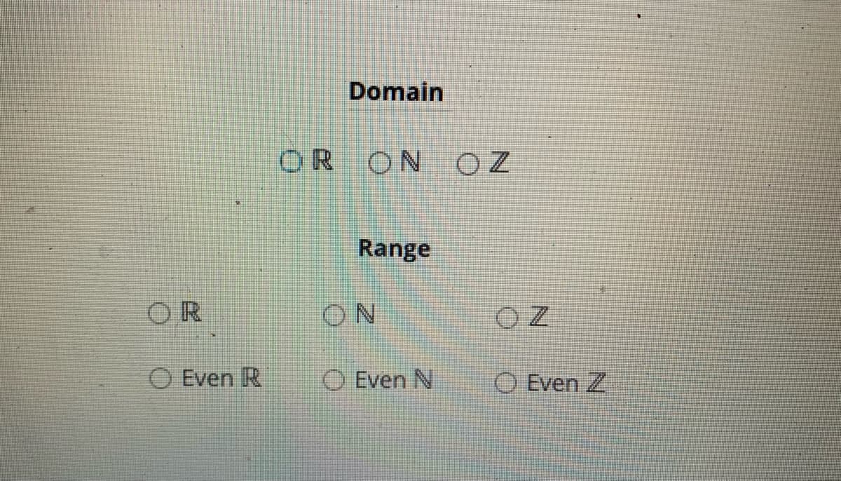 Domain
OR ON OZ
Range
OR
ON
O Even R
O Even N
O Even Z
