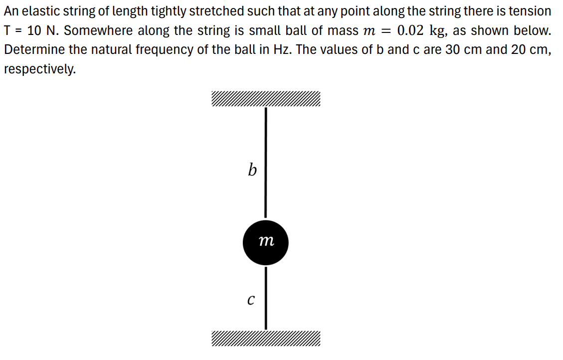 An elastic string of length tightly stretched such that at any point along the string there is tension
T
= 10 N. Somewhere along the string is small ball of mass m = 0.02 kg, as shown below.
Determine the natural frequency of the ball in Hz. The values of b and c are 30 cm and 20 cm,
respectively.
b
C
m