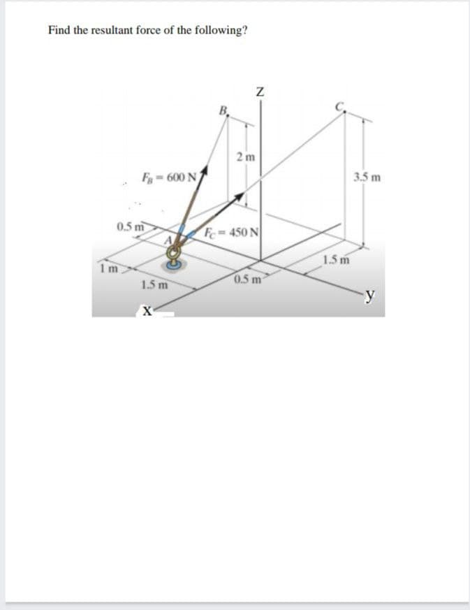 Find the resultant force of the following?
B,
2 m
F= 600 N
3.5 m
0.5 m
Fc 450 N
1.5 m
1m
1.5 m
0.5 m
X
