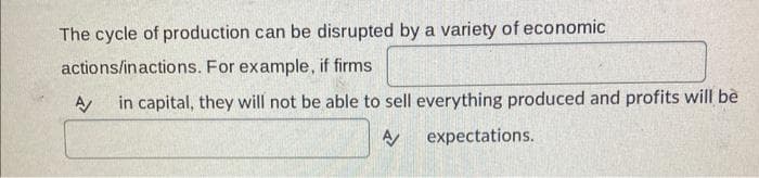 The cycle of production can be disrupted by a variety of economic
actions/inactions. For example, if firms
A/
in capital, they will not be able to sell everything produced and profits will be
A
expectations.