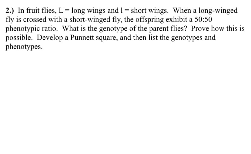 2.) In fruit flies, L= long wings and 1= short wings. When a long-winged
fly is crossed with a short-winged fly, the offspring exhibit a 50:50
phenotypic ratio. What is the genotype of the parent flies? Prove how this is
possible. Develop a Punnett square, and then list the genotypes and
phenotypes.
