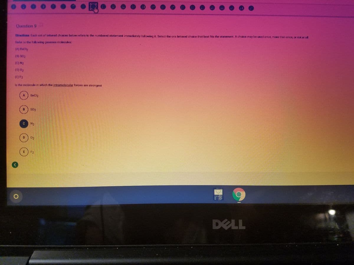 ...
...o 0.
Question 9
Diractiona Each set of lettered choices below refers to the numbered atatement immediately Tollowing it. Select the one lettered choice that best fita the ataterment. A choice may be umed once, more than once, or not at al
Refer to the following gaseous molecules:
(A) BeCl2
(8) S02
(0) N2
(E) F2
Is the molecule in which the intramolecular forces are sBtrongest
BeCl2
S02
N2
E
F2
DELL

