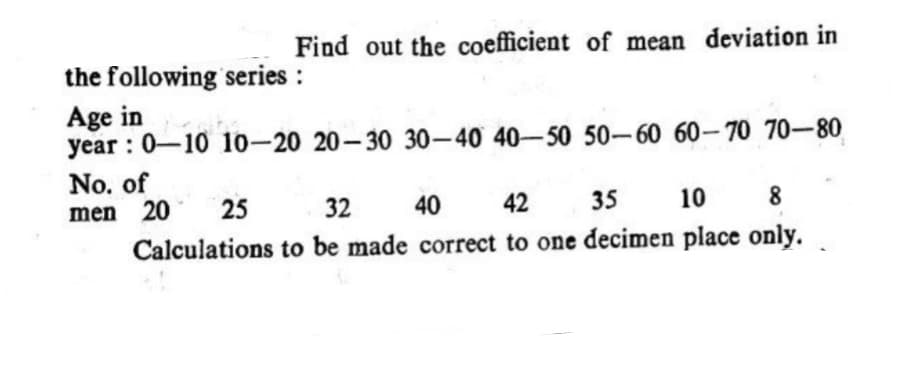 Find out the coefficient of mean deviation in
the following series :
Age in
year : 0-10 10–20 20-30 30-40 40-50 50-60 60-70 70-80
No. of
8
Calculations to be made correct to one decimen place only.
men 20
25
32 40
42
35
10
