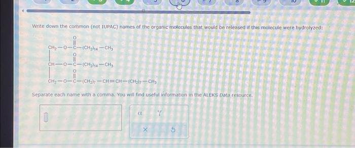 Write down the common (not IUPAC) names of the organic molecules that would be released if this molecule were hydrolyzed:
CH, C(CH, CHy
CHOC(CH2)CH,
O=U O=C O
CH,—0–C—(CHzh—CH=CH-CH2–CHy
Separate each name with a comma. You will find useful information in the ALEKS Data resource.
1
a
Y