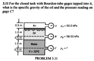 3.11 For the closed tank with Bourdon-tube gages tapped into it,
what is the specific gravity of the oil and the pressure reading on
gage C?
0.5 m
Air
PA= 50.0 kPa
1.0m
Oil
0.5 m
B P= 58.53 kPa
1.0m
Water
0.5 m
T= 10°C
PROBLEM 3.11
