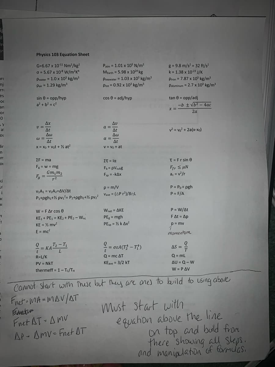 pr
Physics 103 Equation Sheet
Patm = 1.01 x 10S N/m?
Mearth = 5.98 x 1024 kg
g = 9.8 m/s? = 32 ft/s?
k = 1.38 x 1023 J/K
G=6.67 x 1011 Nm?/kg?
O = 5.67 x 108 W/m?K
Pwater = 1.0 x 10³ kg/m3
Pair = 1.29 kg/m3
Pseawater = 1.03 x 10' kg/m?
Pice = 0.92 x 103 kg/m3
Piron = 7.87 x 10³ kg/m3
Paluminum = 2.7 x 10 kg/m?
orc
nj
rr
es
sin e = opp/hyp
cos e = adj/hyp
tan e = opp/adj
a? + b? = c?
-b ± vb2 – 4ac
2a
or
Ax
v =
At
Av
a =
At
v? = vo? + 2a(x-xo)
at
Δω
W =
a =
Δε
lir
X = Xo + Vọt + ½ at?
V = Vo + at
m
EF = ma
ET = la
T= Fr sin e
Fg = w = mg
Gm,m2
F, =
10
Fr S uN
ac = v/r
Fb = pVsubg
Fsp = -kAx
r2
ki
V1A1 = V2A2=AV/At
P1+pgh;+½ pv;?= P2+pgh2+½ pv;?
p = m/V
Vave = (AP r)/8nL
P = Po+ pgh
P = F/A
i
DE
IE
P = W/At
FAt = Ap
W = FAr cos e
Wnet = AKE
PEg = mgh
PEsp = % k Ax?
KE1 + PE1 = KE2 + PE2 – Wnc
KE = % mv?
p = mv
E = mc?
Momentum
T2 - T1
= KA
L
= o£A(T – T†)
t
AS =
Q = mL
AU = Q-W
R=L/K
Q = mc AT
PV = NkT
KEave = 3/2 kT
thermeff = 1-Tc/TH
W = PAV
Cannot Start with mese but hey are anes to build to using above
Fret o MA =MAV/AT
Must start withh
Fnet AT- Amv
AP - Amv- FnetOT
equahon above he line
on top and buld from
there showing all Steps.
and manixlation' of formclas.
