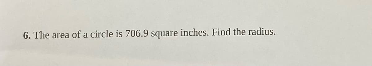 ### Geometry Problem: Finding the Radius of a Circle

**Problem Statement:**

6. The area of a circle is 706.9 square inches. Find the radius.

**Explanation and Solution:**

To find the radius of the circle, we need to use the formula for the area of a circle. The area \( A \) of a circle is given by:

\[ A = \pi r^2 \]

where \( \pi \) (pi) is approximately 3.14159, and \( r \) is the radius of the circle.

Given that the area \( A \) is 706.9 square inches, we can set up the equation:

\[ 706.9 = \pi r^2 \]

To solve for the radius \( r \), follow these steps:

1. **Divide both sides by \( \pi \):**

\[ \frac{706.9}{\pi} = r^2 \]

2. **Calculate \( \frac{706.9}{\pi} \):**

\[ \frac{706.9}{3.14159} \approx 225 \]

3. **Take the square root of both sides:**

\[ r = \sqrt{225} \]

4. **Simplify:**

\[ r = 15 \]

**Answer:**

The radius of the circle is **15 inches**.

Understanding these steps will help you solve similar problems involving the area and radius of circles.