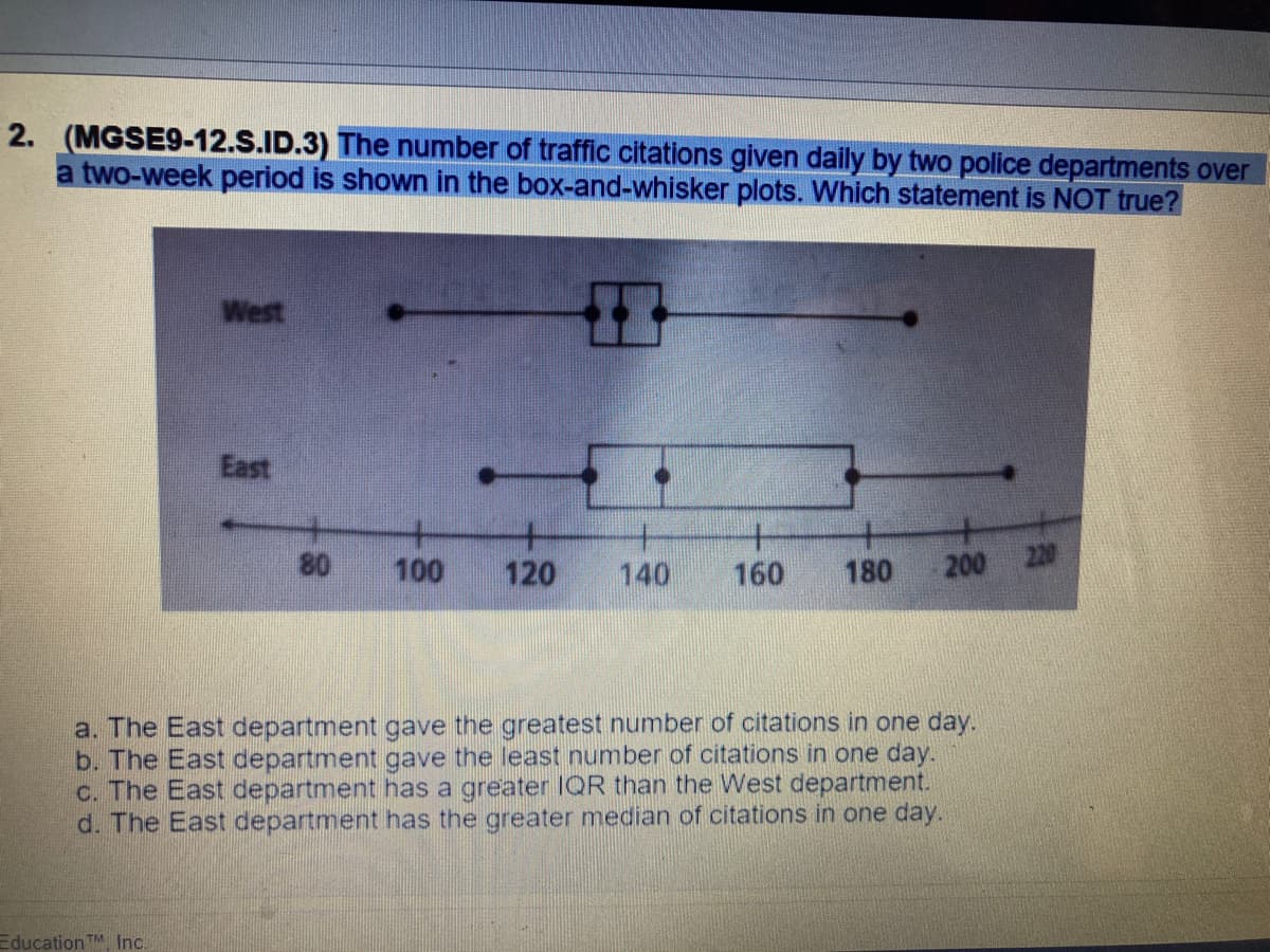 2. (MGSE9-12.S.ID.3) The number of traffic citations given daily by two police departments over
a two-week period is shown in the box-and-whisker plots. Which statement is NOT true?
West
East
80
100
120
140
160
180
200
220
a. The East department gave the greatest number of citations in one day.
b. The East department gave the least number of citations in one day.
c. The East department has a greater IQR than the West department.
d. The East department has the greater median of citations in one day.
Education TM, Inc.
