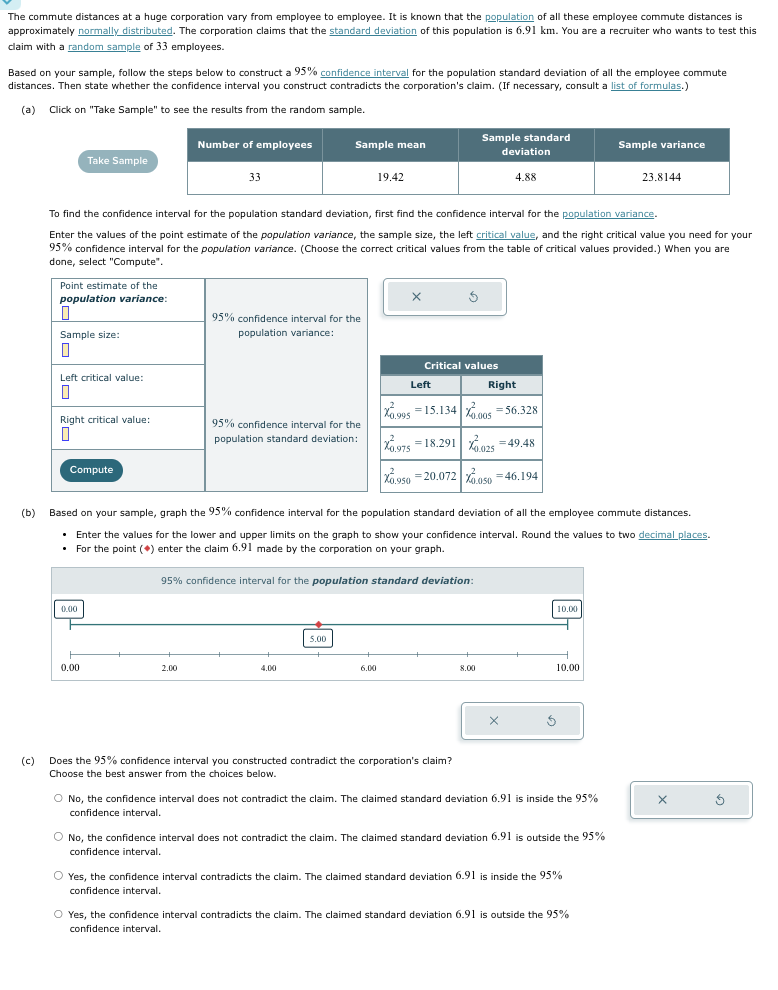 The commute distances at a huge corporation vary from employee to employee. It is known that the population of all these employee commute distances is
approximately normally distributed. The corporation claims that the standard deviation of this population is 6.91 km. You are a recruiter who wants to test this
claim with a random sample of 33 employees.
Based on your sample, follow the steps below to construct a 95% confidence interval for the population standard deviation of all the employee commute
distances. Then state whether the confidence interval you construct contradicts the corporation's claim. (If necessary, consult a list of formulas.)
(a) Click on "Take Sample" to see the results from the random sample.
Take Sample
Number of employees
33
Sample standard
Sample mean
Sample variance
deviation
19.42
4.88
23.8144
To find the confidence interval for the population standard deviation, first find the confidence interval for the population variance.
Enter the values of the point estimate of the population variance, the sample size, the left critical value, and the right critical value you need for your
95% confidence interval for the population variance. (Choose the correct critical values from the table of critical values provided.) When you are
done, select "Compute".
Point estimate of the
population variance:
Sample size:
95% confidence interval for the
population variance:
Critical values
Left critical value:
☐
Right critical value:
95% confidence interval for the
population standard deviation:
Compute
Left
Right
X.995-15.134 0.005 -56.328
X0.975 18.291.025 =49.48
X0.950 20.072.050 46.194
(b) Based on your sample, graph the 95% confidence interval for the population standard deviation of all the employee commute distances.
• Enter the values for the lower and upper limits on the graph to show your confidence interval. Round the values to two decimal places.
• For the point (*) enter the claim 6.91 made by the corporation on your graph.
95% confidence interval for the population standard deviation:
(c)
0.00
0.00
2.00
4.00
5.00
10.00
6.00
8.00
10.00
Does the 95% confidence interval you constructed contradict the corporation's claim?
Choose the best answer from the choices below.
○ No, the confidence interval does not contradict the claim. The claimed standard deviation 6.91 is inside the 95%
confidence interval.
○ No, the confidence interval does not contradict the claim. The claimed standard deviation 6.91 is outside the 95%
confidence interval.
Yes, the confidence interval contradicts the claim. The claimed standard deviation 6.91 is inside the 95%
confidence interval.
Yes, the confidence interval contradicts the claim. The claimed standard deviation 6.91 is outside the 95%
confidence interval.