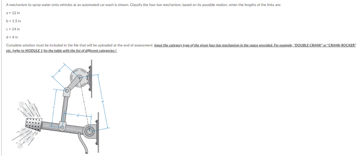 A mechanism to spray water onto vehicles at an automated car wash is shown. Classify the four-bar mechanism, based on its possible motion, when the lengths of the links are:
a = 12 in
b = 1.5 in
C = 14 in
d = 4 in
Complete solution must be included in the file that will be uploaded at the end of assessment. Input the category type of the given four-bar mechanism in the space provided. For example, "DOUBLE CRANK" or "CRANK-ROCKER"
etc. (refer to MODULE 1 for the table with the list of different categories.)
