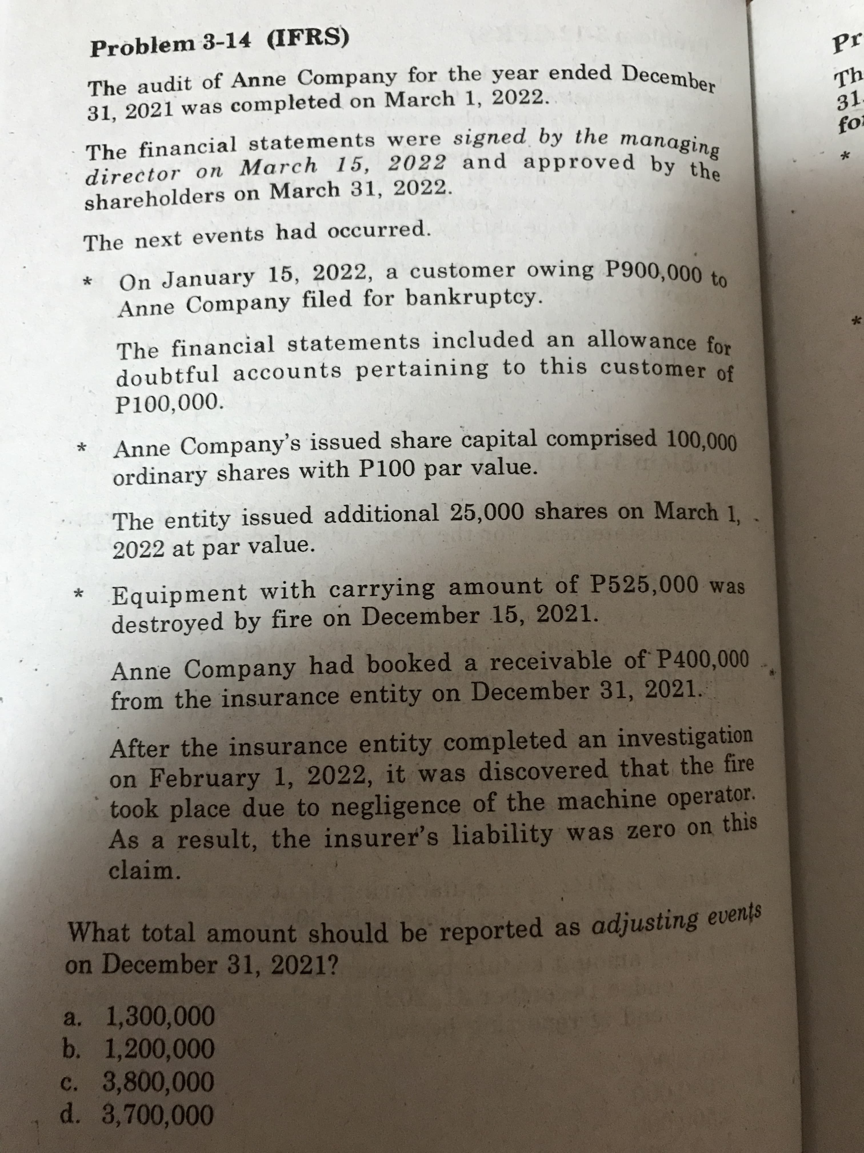 Problem 3-14 (IFRS)
The audit of Anne Company for the year ended Decembe
31, 2021 was completed on March 1, 2022.
Th
31.
The financial statements were signed by the managin.
director on March 15, 2022 and approved by th
shareholders on March 31, 2022.
The next events had occurred.
On January 15, 2022, a customer owing P900,000 to
Anne Company filed for bankruptcy.
The financial statements included an allowance for
doubtful accounts pertaining to this customer of
P100,000.
Anne Company's issued share capital comprised 100,000
ordinary shares with P100 par value.
The entity issued additional 25,000 shares on March 1
2022 at par value.
Equipment with carrying amount of P525,000 was
destroyed by fire on December 15, 2021.
Anne Company had booked a receivable of P400,000
from the insurance entity on December 31, 2021.
After the insurance entity completed an investigation
on February 1, 2022, it was discovered that the fire
took place due to negligence of the machine operator.
As a result, the insurer's liability was zero on this
claim.
What total amount should be reported as adjusting eves
on December 31, 2021?
a. 1,300,000
b. 1,200,000
c. 3,800,000
d. 3,700,000
