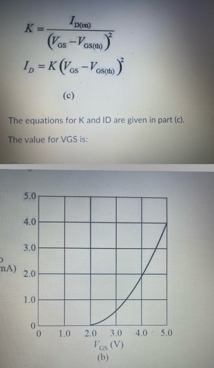 %3D
(Pos-Voses)
sa) )
GS
GS(th)
I, = K (Ves-Ve
GS
GS(th)
(c)
The equations for K and ID are given in part (c).
The value for VGS is:
5.0
4.0
3.0
mA)
2.0
1.0
0.
1.0
2.0
3.0
4.0
5.0
VGs (V)
(b)
