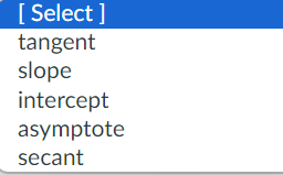 [Select]
tangent
slope
intercept
asymptote
secant