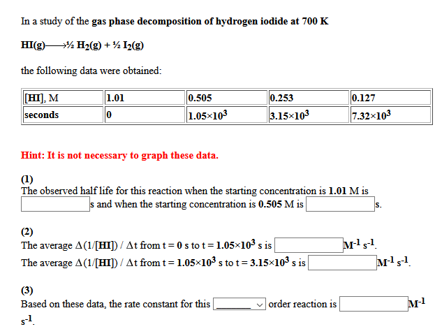 In a study of the gas phase decomposition of hydrogen iodide at 700 K
HI(g)
→½ H2(g) + ½ I2(g)
the following data were obtained:
HI], M
seconds
1.01
0.505
0.253
0.127
1.05x103
3.15x103
7.32x103
Hint: It is not necessary to graph these data.
(1)
The observed half life for this reaction when the starting concentration is 1.01 M is
s and when the starting concentration is 0.505 M is
S.
(2)
The average A(1/[HI]) / At from t= 0 s to t= 1.05x103 s is
The average A(1/[HI]) / At from t= 1.05×103 s to t= 3.15×103 s is
Ms!.
(3)
Based on these data, the rate constant for this
order reaction is
