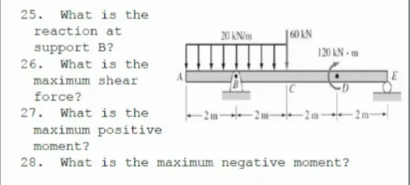 25. What is the
reaction at
20 kNím
60AN
support B?
120 AN - m
26. What is the
maximum shear
force?
27. What is the
maximum positive
moment?
28. What is the maximum negative moment?
