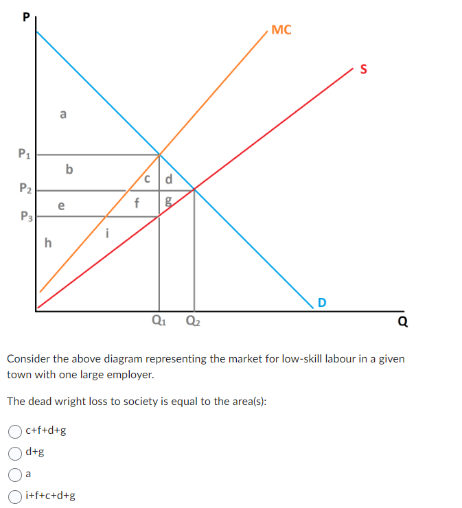 P
MC
P1
P2
P3
h
a
b
cd
e
f
g
ad
Q1
Q2
D
S
Consider the above diagram representing the market for low-skill labour in a given
town with one large employer.
The dead wright loss to society is equal to the area(s):
c+f+d+g
d+g
a
i+f+c+d+g