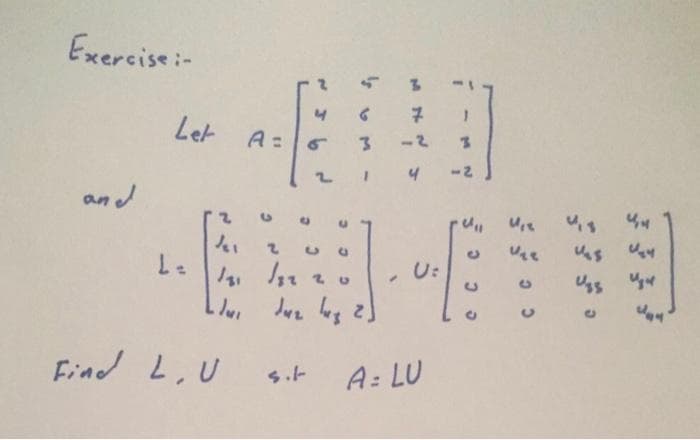 Exercise:-
Let
A =
3.
-2
-2
and
U:
Uss ur
C.
Find L,U
s.-
A: LU
