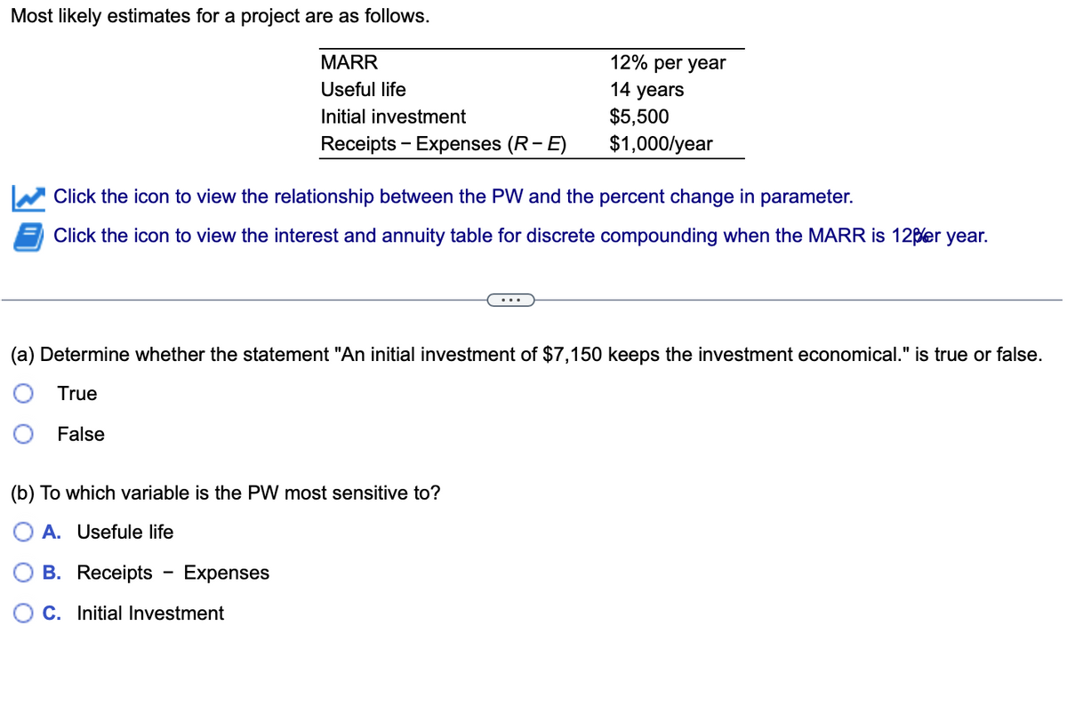 Most likely estimates for a project are as follows.
MARR
Useful life
Initial investment
Receipts - Expenses (R-E)
Click the icon to view the relationship between the PW and the percent change in parameter.
Click the icon to view the interest and annuity table for discrete compounding when the MARR is 12per year.
(a) Determine whether the statement "An initial investment of $7,150 keeps the investment economical." is true or false.
True
False
(b) To which variable is the PW most sensitive to?
OA. Usefule life
B. Receipts Expenses
12% per year
14 years
$5,500
$1,000/year
OC. Initial Investment