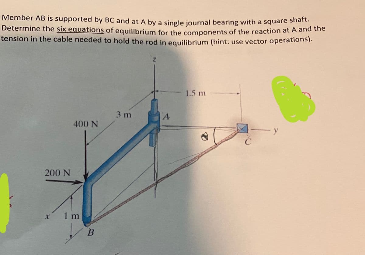 Member AB is supported by BC and at A by a single journal bearing with a square shaft.
Determine the six equations of equilibrium for the components of the reaction at A and the
tension in the cable needed to hold the rod in equilibrium (hint: use vector operations).
200 N
X
400 N
1 m
B
3 m
Z
1.5 m