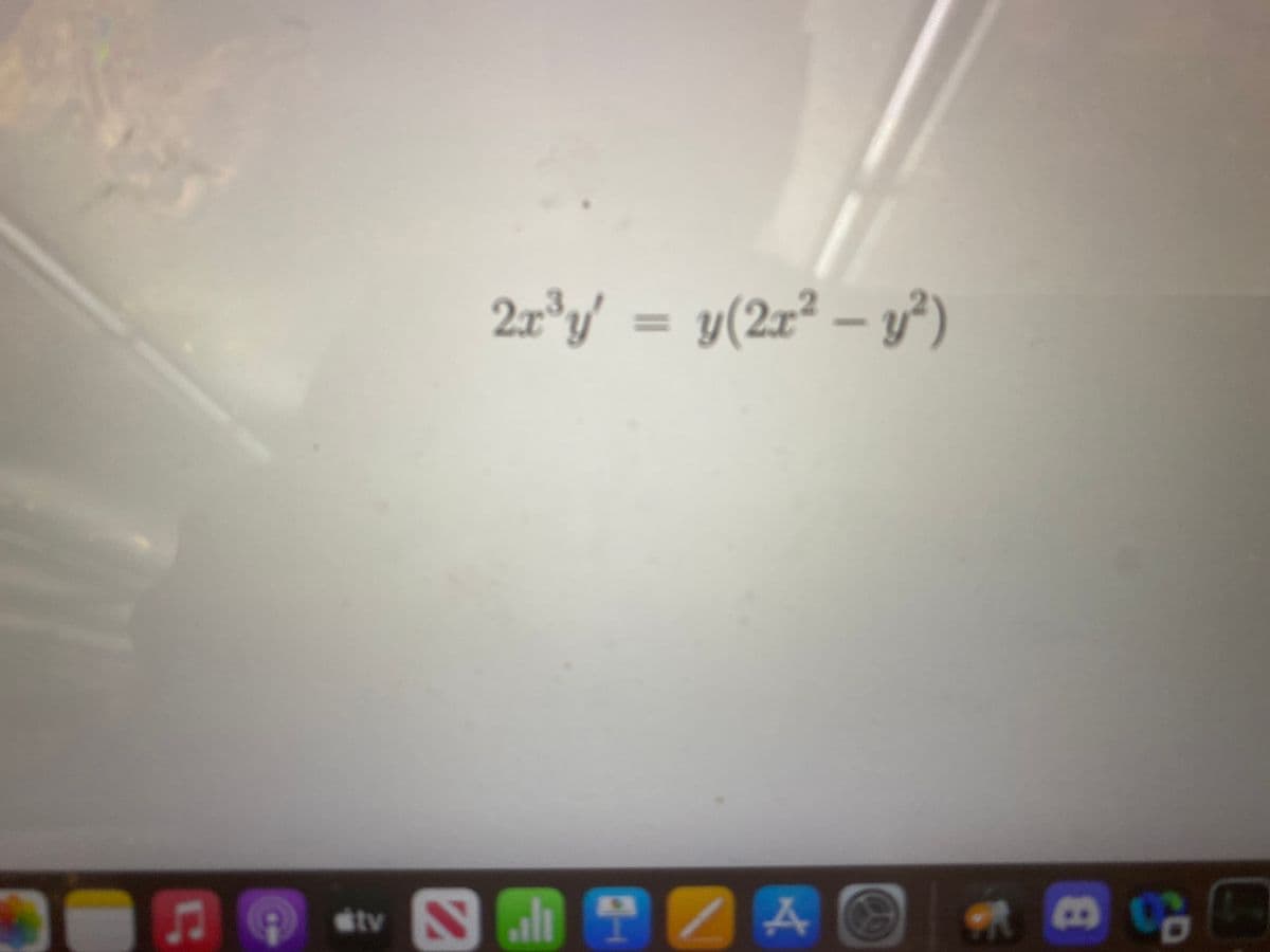 The image displays a mathematical differential equation:

\[ 2x^3 y' = y(2x^2 - y^2) \]

**Description:**

This equation involves derivatives and variables, commonly encountered in calculus. In this context:

- \( x \) and \( y \) are variables.
- \( y' \) represents the derivative of \( y \) with respect to \( x \).

This equation may be part of solving a problem where the relationships between the variables \( x \) and \( y \) are influenced by their rates of change. Understanding and solving such an equation involves techniques from differential equations such as separation of variables or integrating factors.