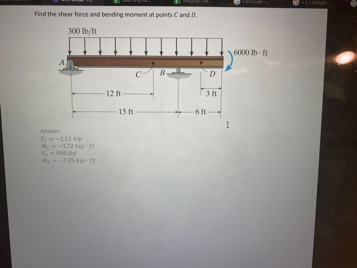 481
A
Find the shear force and bending moment at points C and D.
300 lb/ft
Answer:
Vc = -2.11 kip
Mc = -3.72 kip ft
VD = 900 lbf
Mp = -7.35 kip ft
D
12 ft
15 ft
C
weights Lea...
B
D
3 ft
6 ft
I
Centroids -...
6000 lb-ft
G4.4.1 Weight...