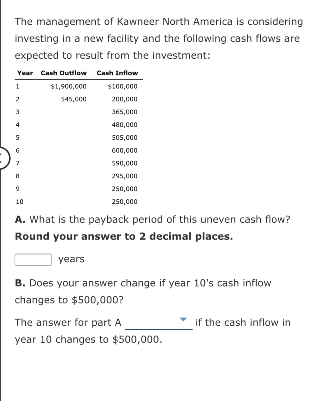 The management of Kawneer North America is considering
investing in a new facility and the following cash flows are
expected to result from the investment:
Year
Cash Outflow
Cash Inflow
1
$1,900,000
$100,000
545,000
200,000
3
365,000
4
480,000
5
505,000
6.
600,000
7
590,000
8.
295,000
9.
250,000
10
250,000
A. What is the payback period of this uneven cash flow?
Round your answer to 2 decimal places.
years
B. Does your answer change if year 10's cash inflow
changes to $500,000?
The answer for part A
if the cash inflow in
year 10 changes to $500,000.
