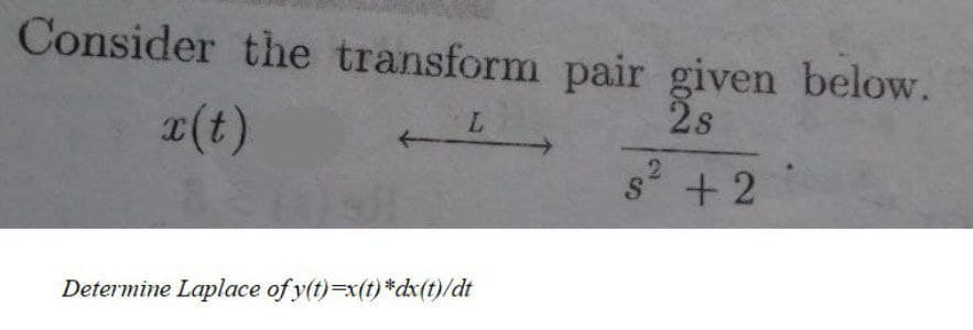 Consider the transform pair given below.
28
L.
x(t)
1.
s + 2
Determine Laplace of y(t)=x(t) *dx(t)/dt
