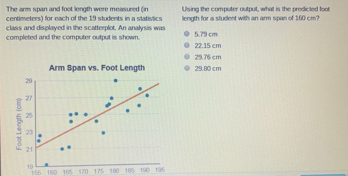 Using the computer output, what is the predicted foot
length for a student with an arm span of 160 cm?
The arm span and foot length were measured (in
centimeters) for each of the 19 students in a statistics
class and displayed in the scatterplot. An analysis was
completed and the computer output is shown.
5.79 cm
22.15 cm
O29.76 cm
Arm Span vs. Foot Length
O29.80 cm
29
27
25
23
21
19
155 160 165 170 175 180 185 190 195
Foot Length (cm)
