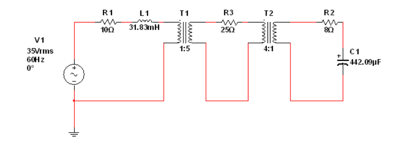 R1
L1
1
R3
T2
R2
100
31.83mH
250
80
V1
1:5
4:1
35Vrms
60H z
0°
C1
442.09µF
