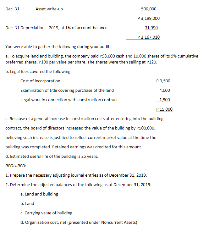 Dec. 31
Asset write-up
500,000
P 3,199,000
Dec. 31 Depreciation – 2019, at 1% of account balance
31,990
P 3,167,010
You were able to gather the following during your audit:
a. To acquire land and building, the company paid P98,000 cash and 10,000 shares of its 9% cumulative
preferred shares, P100 par value per share. The shares were then selling at P120.
b. Legal fees covered the following:
Cost of incorporation
P 9,500
Examination of title covering purchase of the land
4,000
Legal work in connection with construction contract
1,500
P 15,000
c. Because of a general increase in construction costs after entering into the building
contract, the board of directors increased the value of the building by P500,000,
believing such increase is justified to reflect current market value :
the time the
building was completed. Retained earnings was credited for this amount.
d. Estimated useful life of the building is 25 years.
REQUIRED:
1. Prepare the necessary adjusting journal entries as of December 31, 2019.
2. Determine the adjusted balances of the following as of December 31, 2019:
a. Land and building
b. Land
c. Carying value of building
d. Organization cost, net (presented under Noncurrent Assets)
