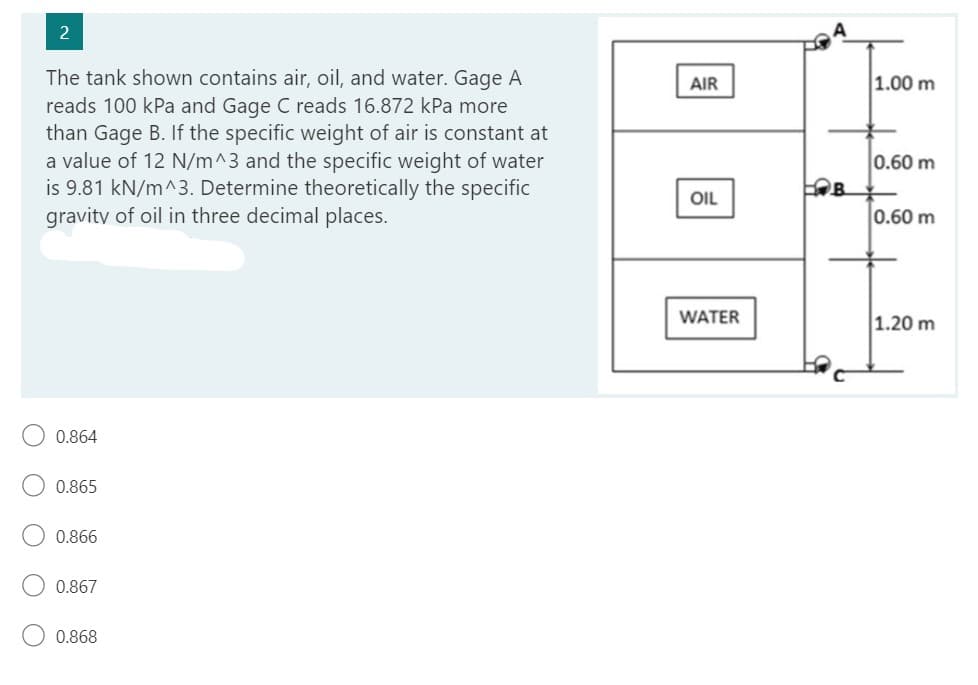 2
The tank shown contains air, oil, and water. Gage A
reads 100 kPa and Gage C reads 16.872 kPa more
than Gage B. If the specific weight of air is constant at
a value of 12 N/m^3 and the specific weight of water
is 9.81 kN/m^3. Determine theoretically the specific
gravity of oil in three decimal places.
0.864
0.865
0.866
0.867
0.868
AIR
OIL
WATER
нов
C
1.00 m
0.60 m
0.60 m
1.20 m