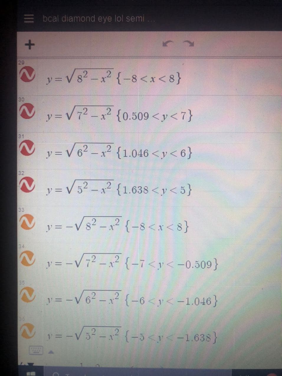 E bcal diamond eye lol semi .
29
y= V s? -x {-8<x<8}
V8? -x {-8<x < 8}
30
y=V72- {0.509 <y<7}
{0.509 <y< 7}
ソ=V
31
y=V6? -?
* {1.046 <y< 6}
ア=
32
ア=V52_?
2 {1.638 <y< 5}
33
-Vs2-パ{-8<x<s}
ア=
34
y = -V72 -x2 {-7<y<-0.509}
35
y = -V 62-x {-6<y<-1.046}
-V3²-x? {-5<r<-1.638}
ニ ー
