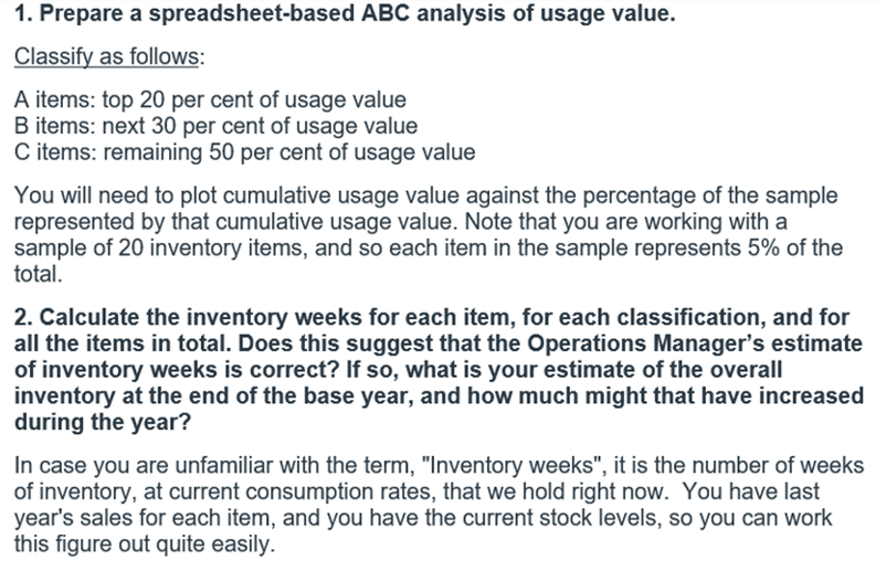 1. Prepare a spreadsheet-based ABC analysis of usage value.
Classify as follows:
A items: top 20 per cent of usage value
B items: next 30 per cent of usage value
C items: remaining 50 per cent of usage value
You will need to plot cumulative usage value against the percentage of the sample
represented by that cumulative usage value. Note that you are working with a
sample of 20 inventory items, and so each item in the sample represents 5% of the
total.
2. Calculate the inventory weeks for each item, for each classification, and for
all the items in total. Does this suggest that the Operations Manager's estimate
of inventory weeks is correct? If so, what is your estimate of the overall
inventory at the end of the base year, and how much might that have increased
during the year?
In case you are unfamiliar with the term, "Inventory weeks", it is the number of weeks
of inventory, at current consumption rates, that we hold right now. You have last
year's sales for each item, and you have the current stock levels, so you can work
this figure out quite easily.
