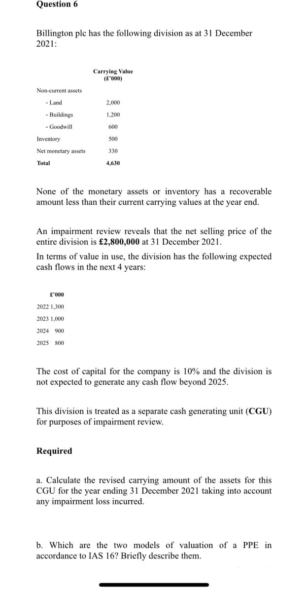 Question 6
Billington plc has the following division as at 31 December
2021:
Carrying Value
(£'000)
Non-current assets
- Land
2,000
- Buildings
1,200
- Goodwill
600
Inventory
500
Net monetary assets
330
Total
4,630
None of the monetary assets or inventory has a recoverable
amount less than their current carrying values at the year end.
An impairment review reveals that the net selling price of the
entire division is £2,800,000 at 31 December 2021.
In terms of value in use, the division has the following expected
cash flows in the next 4 years:
£'000
2022 1,300
2023 1,000
2024 900
2025 800
The cost of capital for the company is 10% and the division is
not expected to generate any cash flow beyond 2025.
This division is treated as a separate cash generating unit (CGU)
for purposes of impairment review.
Required
a. Calculate the revised carrying amount of the assets for this
CGU for the year ending 31 December 2021 taking into account
any impairment loss incurred.
b. Which are the two models of valuation of a PPE in
accordance to IAS 16? Briefly describe them.
