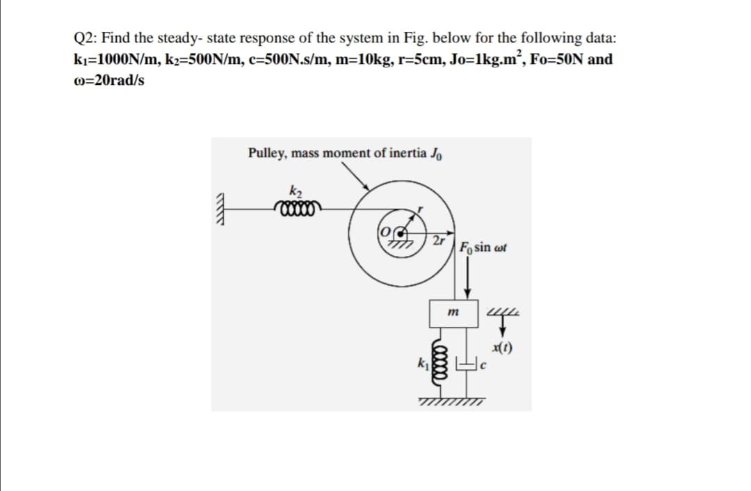 Q2: Find the steady- state response of the system in Fig. below for the following data:
kı=1000N/m, k=500N/m, c=500N.s/m, m=10kg, r=5cm, Jo=1kg.m², Fo=50N and
0=20rad/s
Pulley, mass moment of inertia Jo
k2
Fo sin wt
m
x(1)
k
