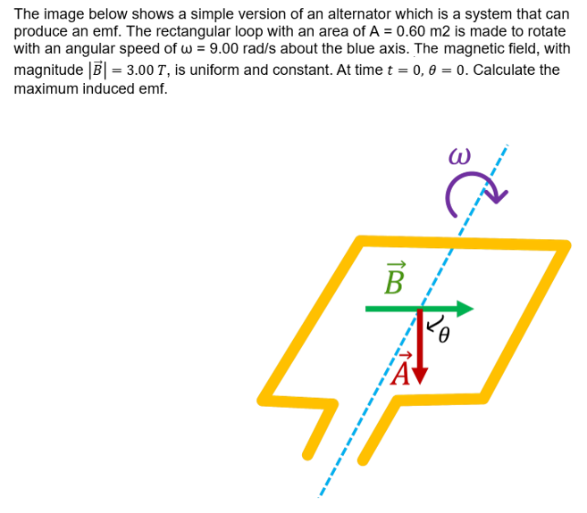 The image below shows a simple version of an alternator which is a system that can
produce an emf. The rectangular loop with an area of A = 0.60 m2 is made to rotate
with an angular speed of w = 9.00 rad/s about the blue axis. The magnetic field, with
magnitude |B| = 3.00 T, is uniform and constant. At time t = 0, 0 = 0. Calculate the
maximum induced emf.
B
