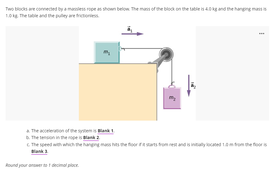 Two blocks are connected by a massless rope as shown below. The mass of the block on the table is 4.0 kg and the hanging mass is
1.0 kg. The table and the pulley are frictionless.
a,
...
m1
m2
a. The acceleration of the system is Blank 1.
b. The tension in the rope is Blank 2.
C. The speed with which the hanging mass hits the floor if it starts from rest and is initially located 1.0 m from the floor is
Blank 3.
Round your answer to 1 decimal place.
ta
