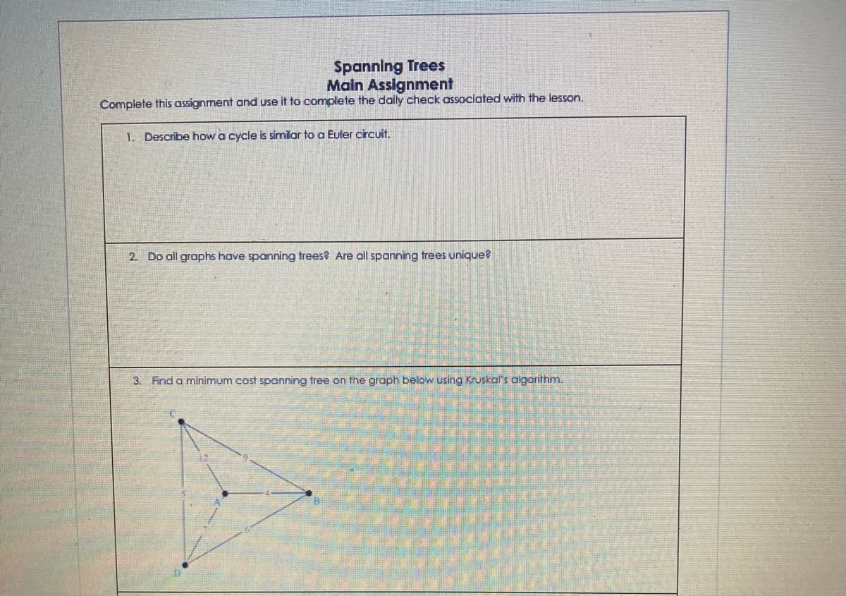 Spanning Trees
Main Assignment
Complete this assignment and use it to complete the daily check associated with the lesson.
1. Describe how a cycle is similar to a Euler circuit.
2. Do all graphs have spanning trees? Are all spanning trees unique?
3. Find a minimum cost spanning tree on the graph below using Kruskal's algorithm.