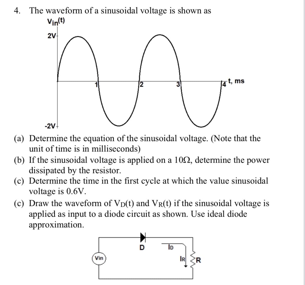 4. The waveform of a sinusoidal voltage is shown as
Vin(t)
2V
-2V+
(a) Determine the equation of the sinusoidal voltage. (Note that the
unit of time is in milliseconds)
(b) If the sinusoidal voltage is applied on a 1022, determine the power
dissipated by the resistor.
14 t, ms
(c) Determine the time in the first cycle at which the value sinusoidal
voltage is 0.6V.
(c) Draw the waveform of VD(t) and Vr(t) if the sinusoidal voltage is
applied as input to a diode circuit as shown. Use ideal diode
approximation.
Vin
D
ID