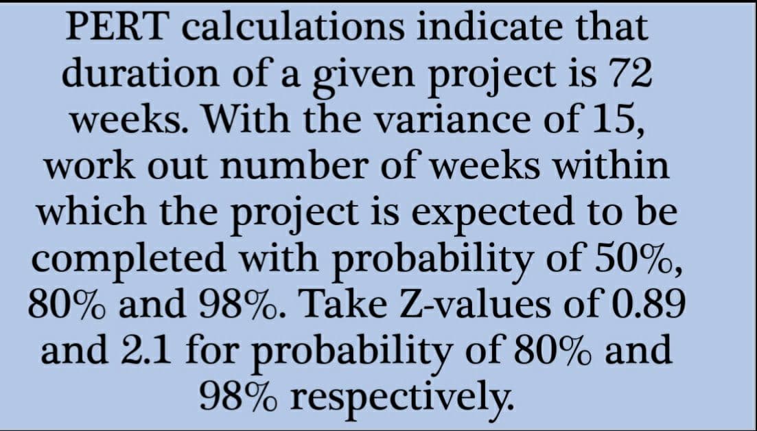 PERT calculations indicate that
duration of a given project is 72
weeks. With the variance of 15,
work out number of weeks within
which the project is expected to be
completed with probability of 50%,
80% and 98%. Take Z-values of 0.89
and 2.1 for probability of 80% and
98% respectively.
