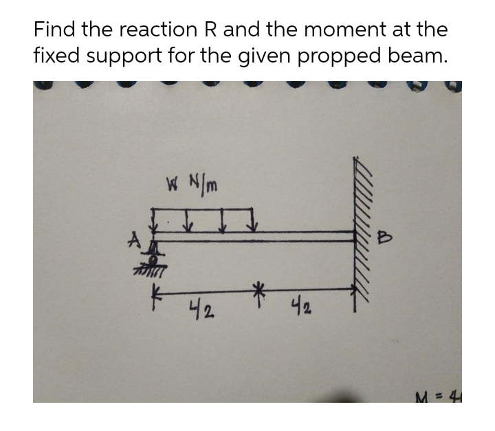 Find the reaction R and the moment at the
fixed support for the given propped beam.
W N/m
42
42
M= 4
