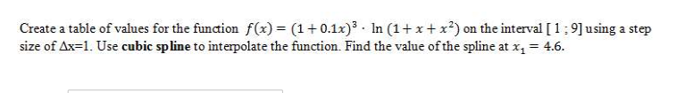 Create a table of values for the funaion f(x) = (1+0.1x). In (1+ x+x?) on the interval [1; 9] using a step
size of Ax=1. Use cubic spline to interpolate the function. Find the value of the spline at x, = 4.6.
